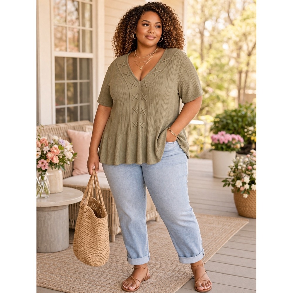 Lane Bryant Olive GreenRibbed Peplum Knit Top V-Neck Cross-Stitch Plus 26/28 NWT